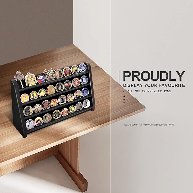 4 Rows Wooden Military Challenge Coin Display Case Wall Mount - Army Coin Collectibles Holder Display Stand Rack, Black