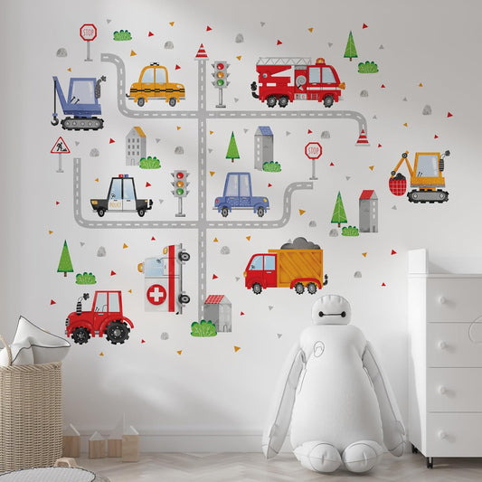 Car Wall Decals by Lipastick - Peel and Stick Transport Road Trucks Stickers for Boys Room, Toddler Bedroom, Baby Nursery, Kids Playroom, Living Room- Removable Decor - L Size