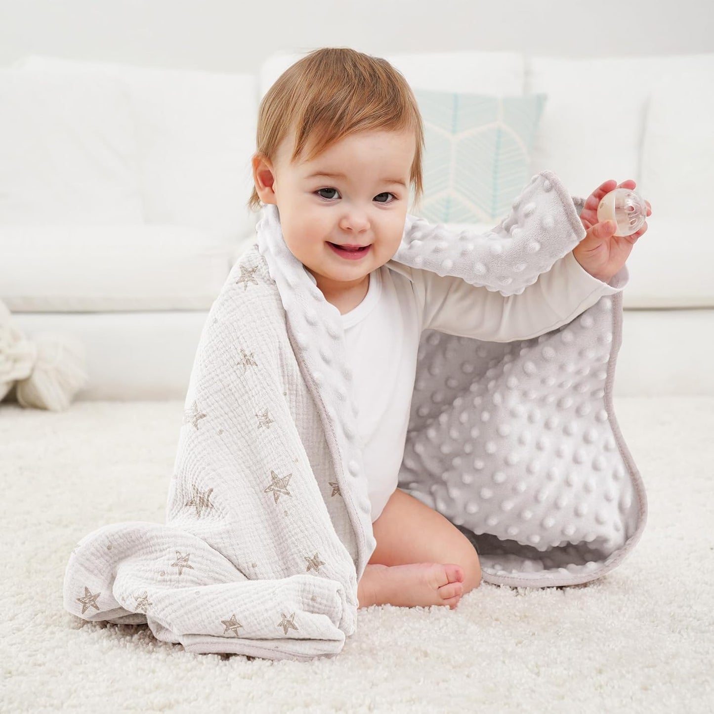 Susurration Baby Blanket for Unisex Boys Girls, Soft Nursery Minky Blanket with Muslin Cotton Front and Dotted Fleece Back, Receiving Blanket for Baby Newborn Infant, 30x40inch (Beige Star)