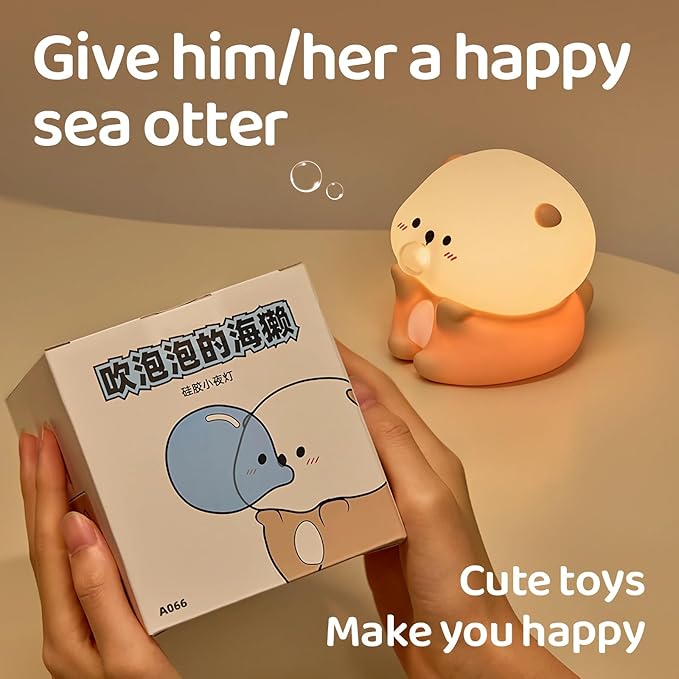 Bubble Blowing Otter Night Light, 3-Level Dimmable USB Rechargeable Lamp with Timer, Soothing Animal Toy for Nursery Bedroom Dorm Decor, Gift for Boys Girls Teens Adults