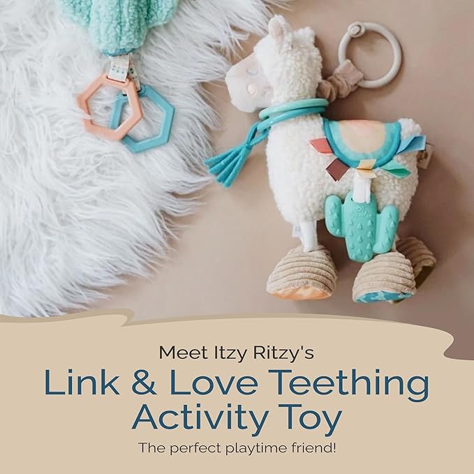 Itzy Ritzy Link & Love Toy for Stroller or Car Seat; Features Textured Ribbons, Crinkle Sounds, Clinking Rings & Silicone Teether; Designed For Ages 0 Months and Up (Llama)
