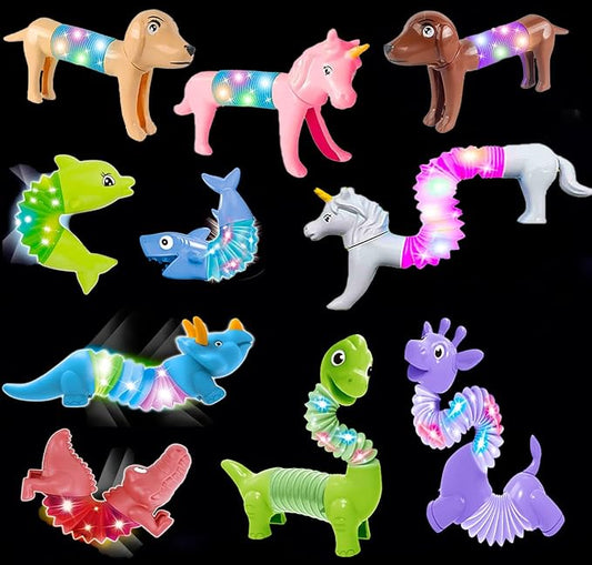 10 Pack Animals Halloween Fidget Toys for Toddlers, LED Animal Pop Tubes for Kids 3 4 5 6 7 8 Year Old Girls Boys Birthday Gifts Autism Sensory Toy for Kid Age 3-8 Tube Light Up Party Favors