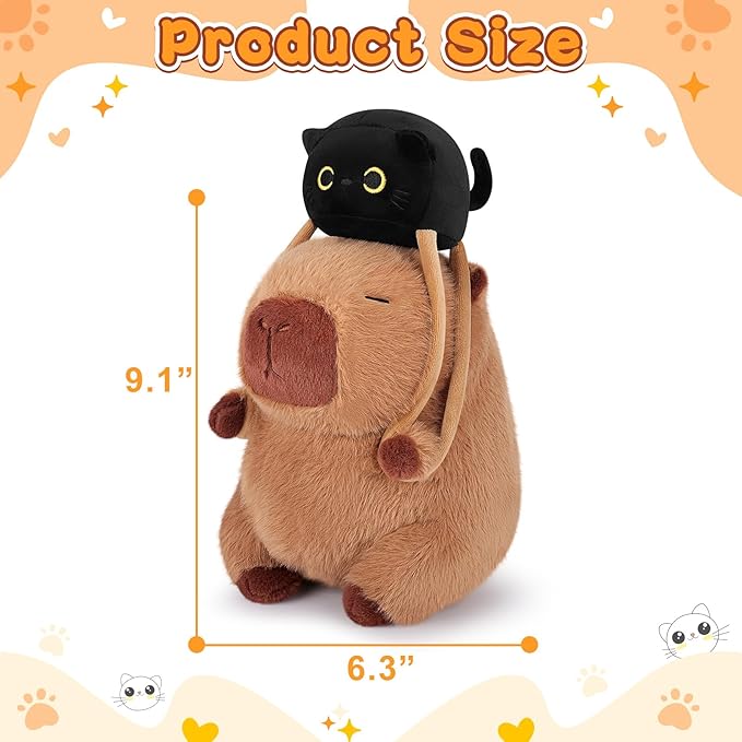 Achwishap Capybara Plush,Capybara Stuffed Animal Cute Plushies,Capybara Plush Toys,Kawaii Plushie Stuffed Toy with Black Cat Backpack Plushies Gifts for Kids Adults(Capybara with Black Cat,9.1”)