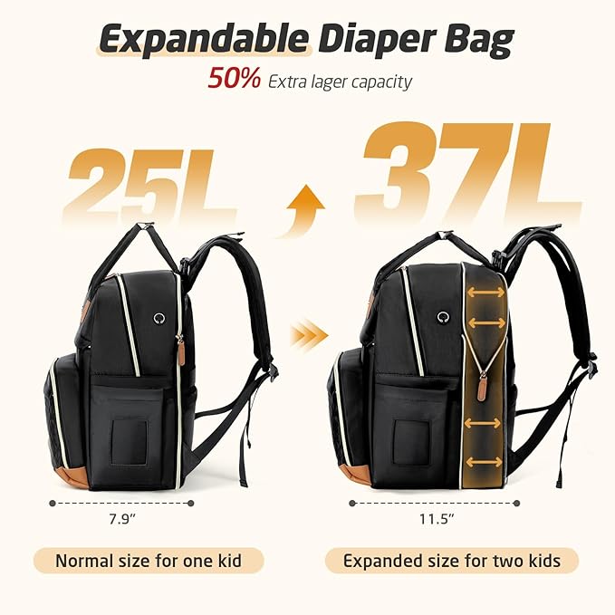 Diaper Bag Backpack - Extra Large Diaper Bag for 2 Kids Twin, Travel Baby Bags for Mom Dad 25-37L Expandable with Changing Pad Earphone Hole, Solid Black