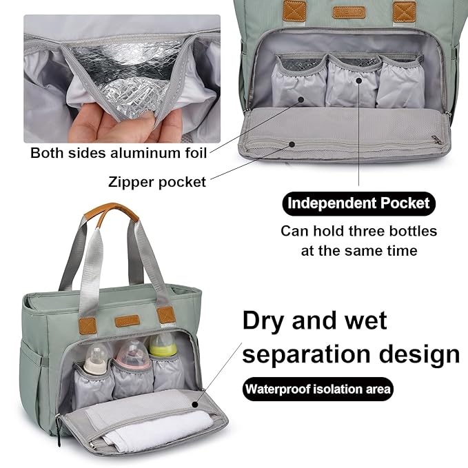 Diaper Bag Tote, Large Tote Diaper Bag with 16" Laptop Compartment, Baby Bag with Insulated Pocket for Mam and Dad, Ideal for Travel, Work (Morandi Grey)