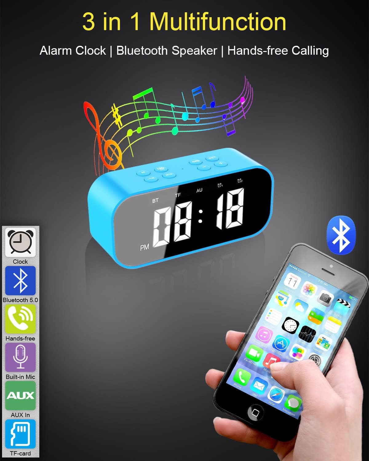 AFK Digital Alarm Clock with Bluetooth Speaker,Desk Clock for Bedrooms,Small Table Clock with Dual Alarms,Snooze,Dimmable LED Display.