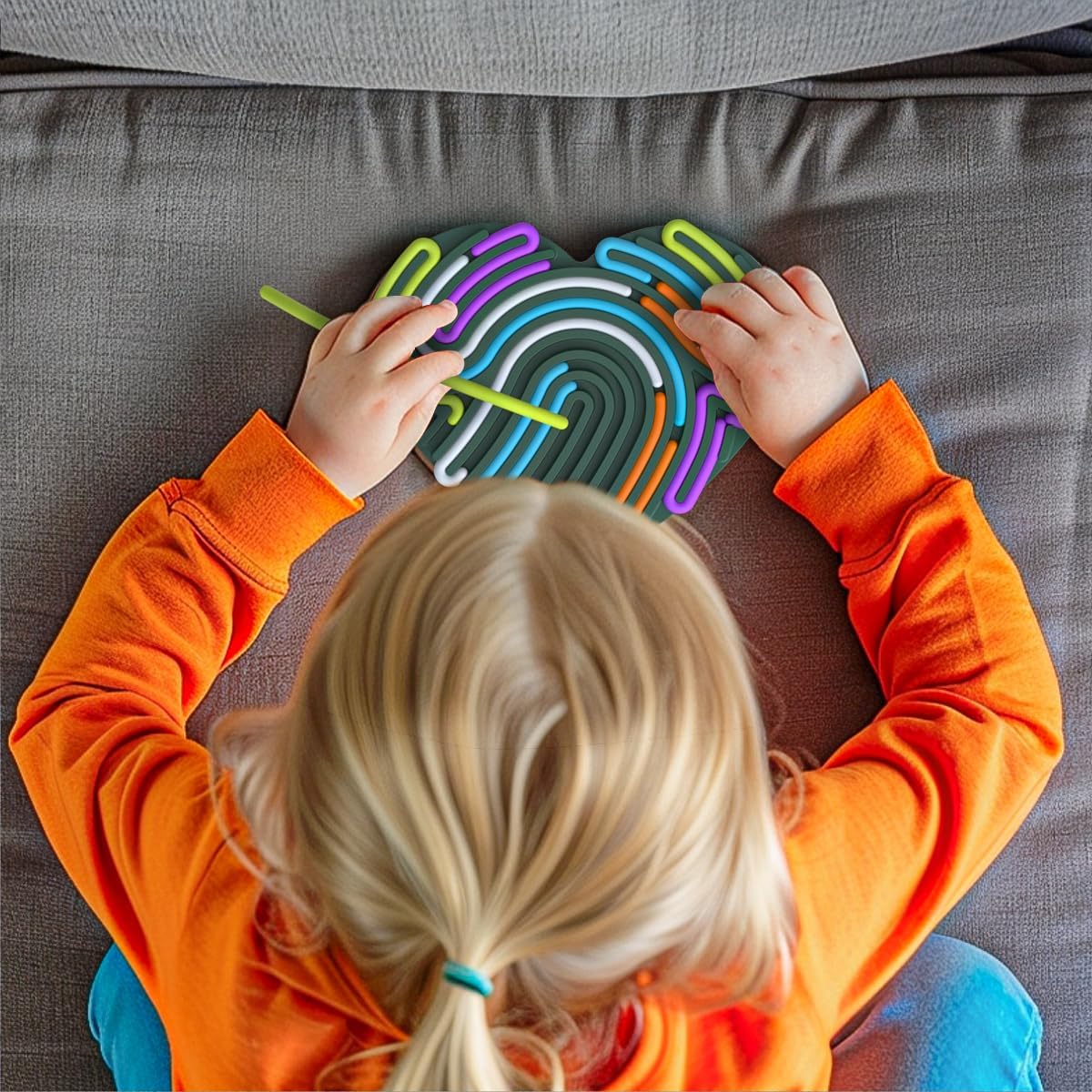 Silicone Sensory Activity Board, Silent Fidget Toys for Calming, Anxiety, Stress, ADHD and Autism, Kids 3+ & Adults, Portable with Travel Bag & 13 Colored Strings (Deep Green-Heart Shape)