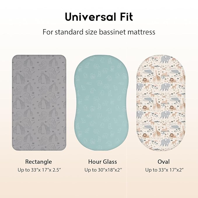 Baby Bassinet Sheets Girl Boy, Fitted Bassinet Sheet Set 3 Pack Bassinet Mattress Sheets Universal Fit for Rectangle, Round, Oval, Hourglass Mattress, Soft Breathable Elephant