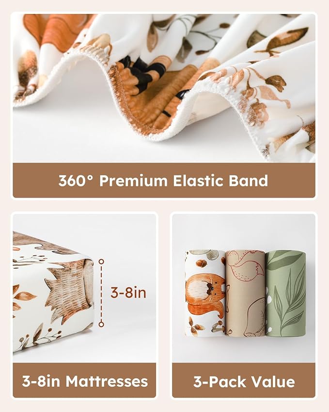 Baby Crib Sheets for Boys Girls, 28x52x8in Fitted Crib Sheet Neutral 3 Pack for Standard Crib and Toddler Mattress, Breathable Soft Microfiber Baby Sheet Green & Brown Fox