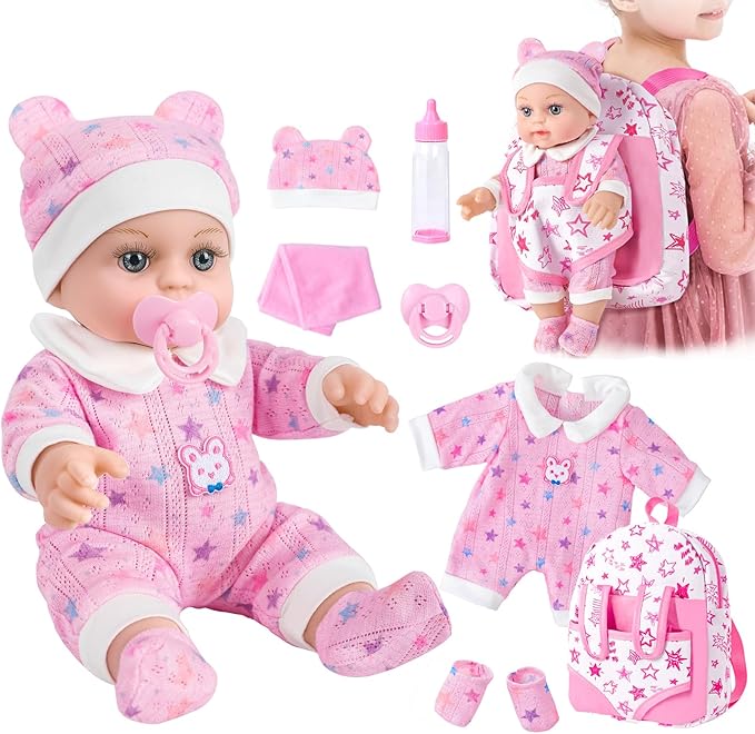 12" Baby Doll in Gift Box with Pink Backpack, Cloths, Feeding Bottle and Pacifier, First Baby Dolls for Toddlers 3 Years and Up