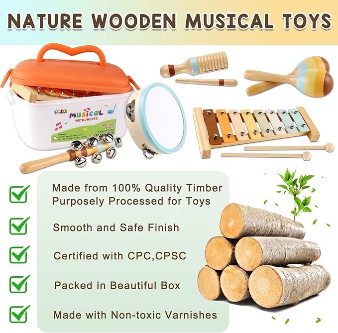 LOOIKOOS Baby Musical Instruments,Montessori Wooden Toys for Toddlers 1-3 Preschool Educational Neutral Colors Percussion Instruments Set with Modern Boho Xylophone for Kids