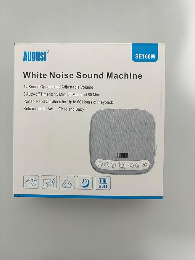 Portable White Noise Sound Machine - August SE160 - Calming, Ambient Sleep Therapy - 14 Soothing Sounds for Babies, Children, Adults - Sleep Aid with Timer - 60-Hour Battery - USB-C Charging - White