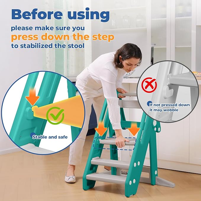 Onasti Toddler Tower Kitchen Stool Helper, Foldable & Adjustable Height Kids Learning Stool for Kitchen Counter Bathroom Sink, Child Ladder for Toddlers with Handles, Safty Rail, Non-Slip Pads - Green