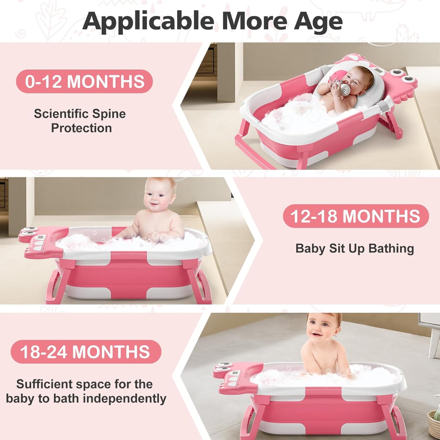Collapsible Baby Bathtub for Newborn, Foldable Baby Bath Tub with Thermometer & Soft Floating Cushion & Drain Hole, Portable Travel Infant Bath Tubs for Newborns to Toddler 0-36 Months Girl, Pink