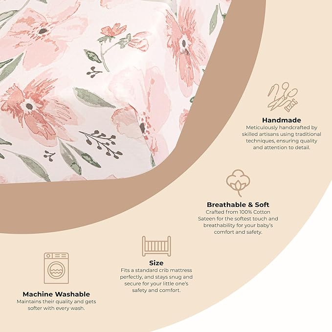 Crane Baby Floral Crib Sheets, 100% Cotton, Breathable Baby Bedding for Standard Mattress, Pink Nursery Decor, Machine Washable Pink Floral Crib, Toddler Sheets