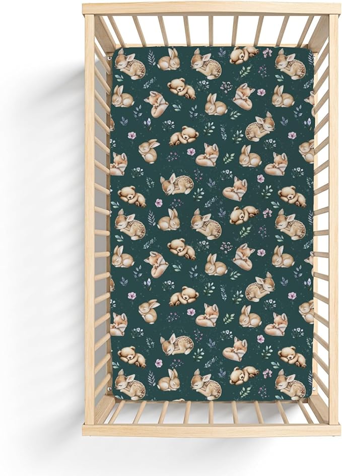 Sleeping Spring Animals Baby Crib Sheets Boy Girl 28"x52" Bear Deer Bunny Floral Leaves Soft Snug Fitted Crib Mattress Cover Cute Animals Baby Sheet for Standard Crib & Toddler Mattress