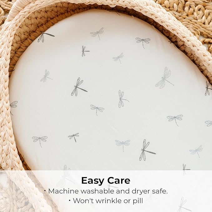 Ely’s & Co. Bassinet Sheets, Baby Boy Fitted Bassinet Mattress Sheet Set - 2 Pack, 100% Jersey Knit Cotton, fits Oval, Hourglass and Rectangle Mattress, 32”x16”x3” Blue Dragonflies + Stripes