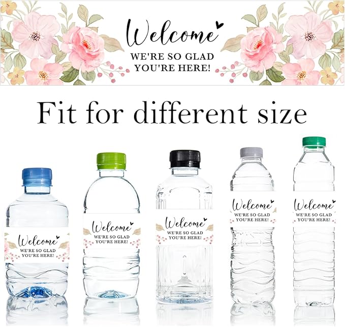 100PCS Wedding Water Bottle Labels Waterproof Greenery Floral Wraps Sticker for Water Bottle Baby Shower Bottle Label for Bridal Shower Party Welcome (Pink)
