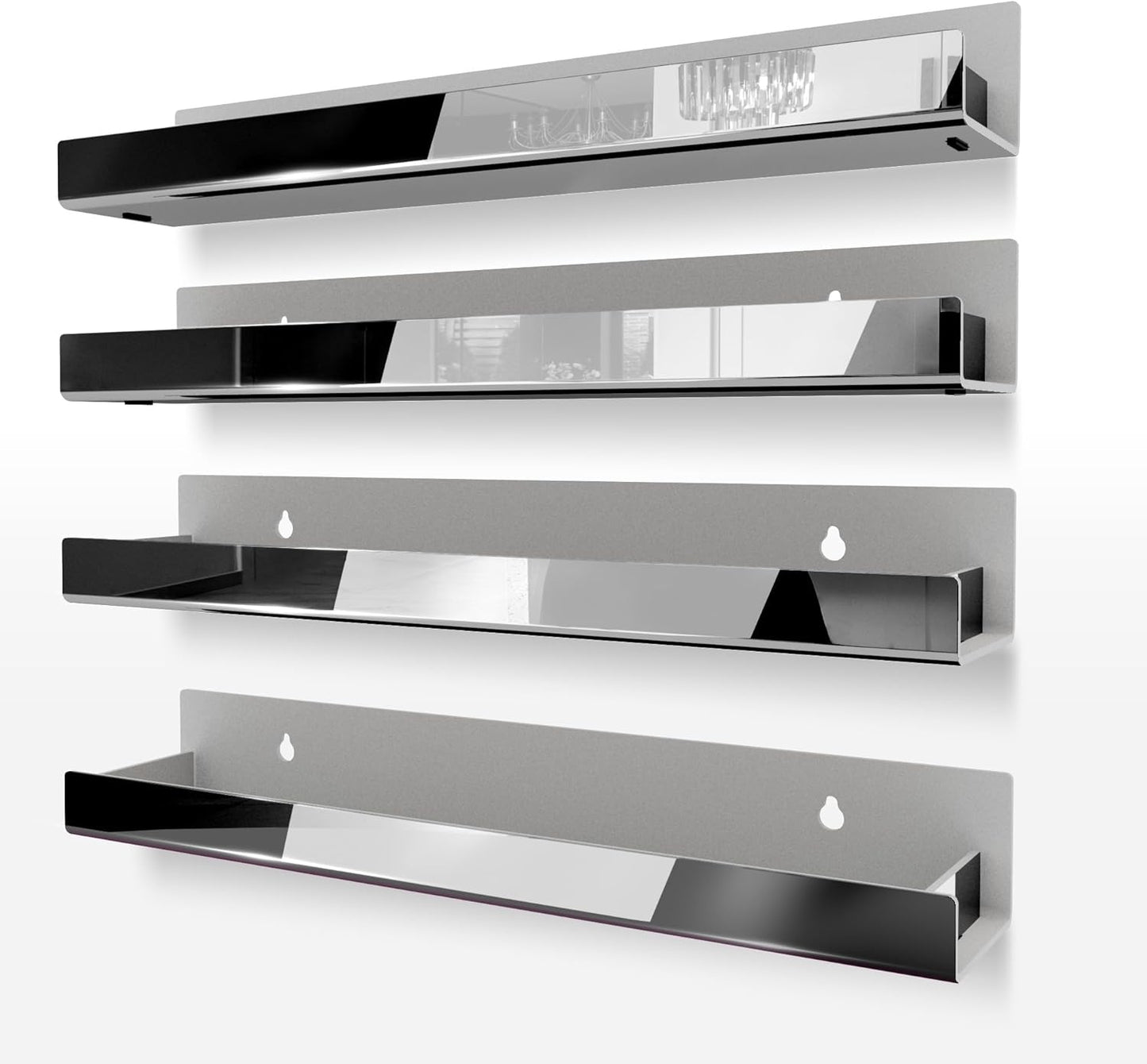 4 Pack 15 Inch Black Reflective Acrylic Shelves, Black Floating Shelves, Modern Sunglasses Essential Oil Picture Ledge Display Toy Storage Shelf