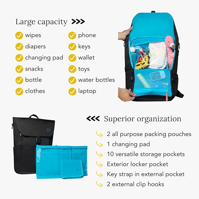 Huhu Diaper Bag Backpack – Baby Bag for Moms & Dads – Water-Resistant, Unisex Travel Kit for New Parents – Includes Changing Pad and 2 Organizer Pouches (Midnight Black)