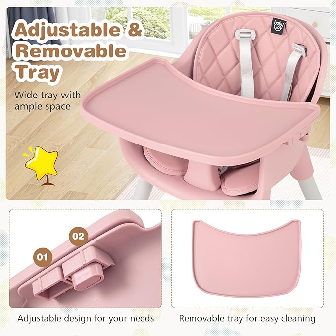 BABY JOY High Chair, 5 in 1 Convertible Highchair for Babies & Toddlers | Booster Seat | Table and Chair Set | Infant Feeding Chair with Removable Tray, Safety Harness, Removable Cushion (Pink)