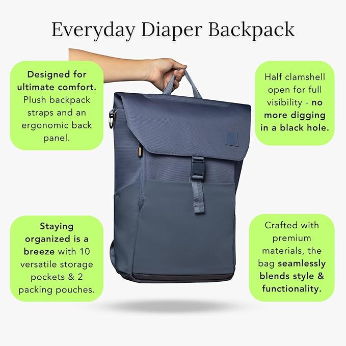 Huhu Diaper Bag Backpack – Baby Bag for Moms & Dads – Water-Resistant, Unisex Travel Kit for New Parents – Includes Changing Pad and 2 Organizer Pouches (Dusky Blue)