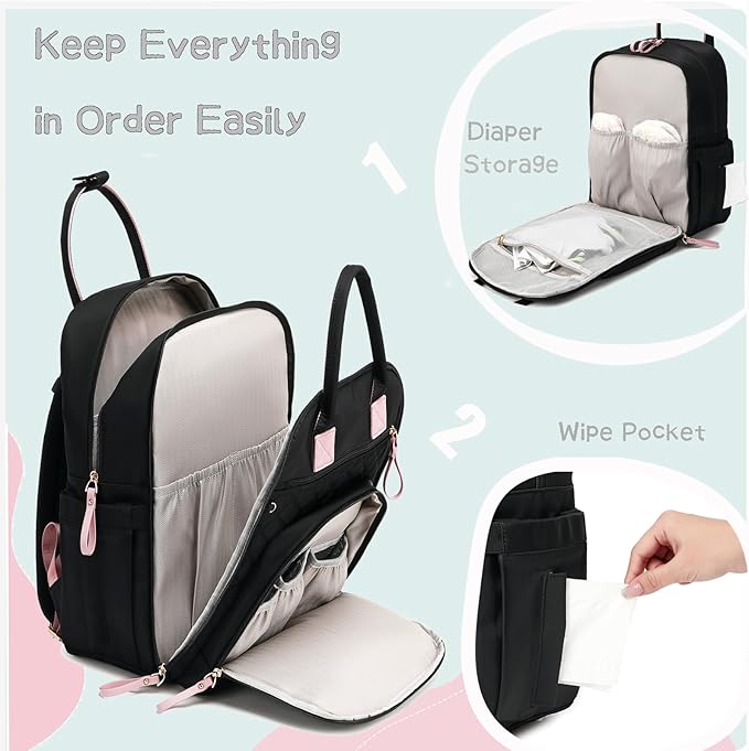 18 Pockets Large Diaper Bag Backpack with Waterproof Pockets and Stroller Buckle, Convertible Baby Bag (Black, Large)