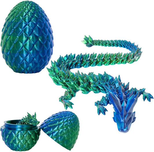 3D Printed Dragon Eggs with Dragon Inside, 12In Laser Blue Green Dragon Egg Fidget Toy, Executive Desk Articulated Dragon Toy, Home Office Decor