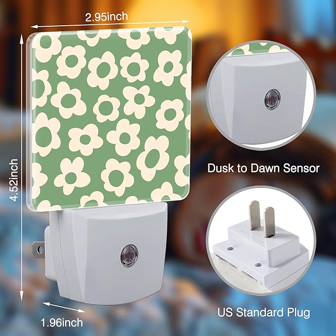 Vintage Groovy Flowers Night Lights Plug into Wall for Girls Boys Room, Night Lights LED Lamp with Dusk to Dawn Sensor Nightlight for Bedroom Kitchen Bathroom Hallway Home Wall Decor
