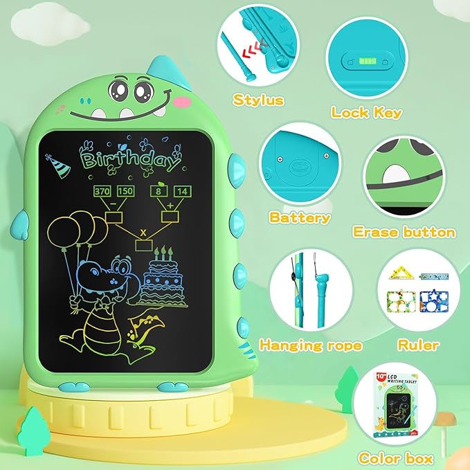 10 Inch LCD Writing Tablet for Kids, Brithday Gifts for Kids, Electronic Drawing Pad Toys, Dinosaur Drawing Pad for Toddlers Ages 2 3 4 5 6 7 Travel Learning Board (Green)