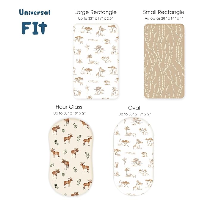 GRSSDER Stretchy Ultra Soft Fitted Bassinet Sheets 3 Pack, Universal Fit for Baby Cradle Moses Basket Oval Rectangle Mattress Safe and Snug, Free Animals Stylish Print