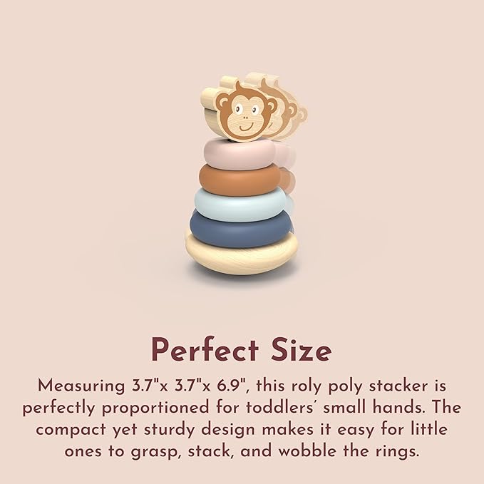 SPEEDY MONKEY Roly Poly Stacker Toy for Toddlers | Wooden Stacking Toy for Baby Boys & Girls | FSC-Certified Wobble Base with Colorful Rings for Fine Motor Skills | Sensory Learning Gift for Kids 1-5