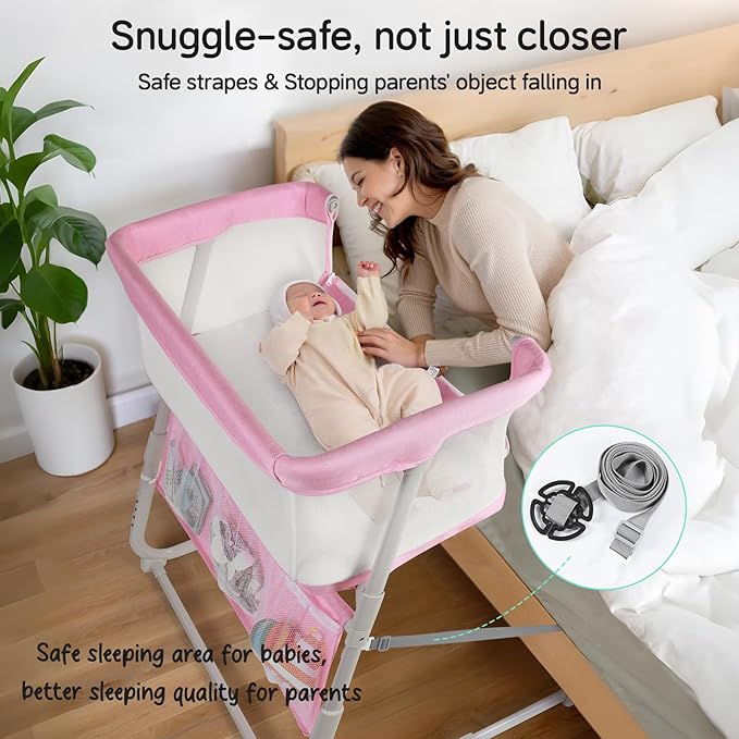 Cowiewie Bassinet Bedside Sleeper,Baby Bassinets Higher Place on Bed,5-Position Adjustment Baby Crib,Breathable 360°All-Around Mesh Sides Bedside Bassinet,Space-Saving Bedside Cribs, Pink