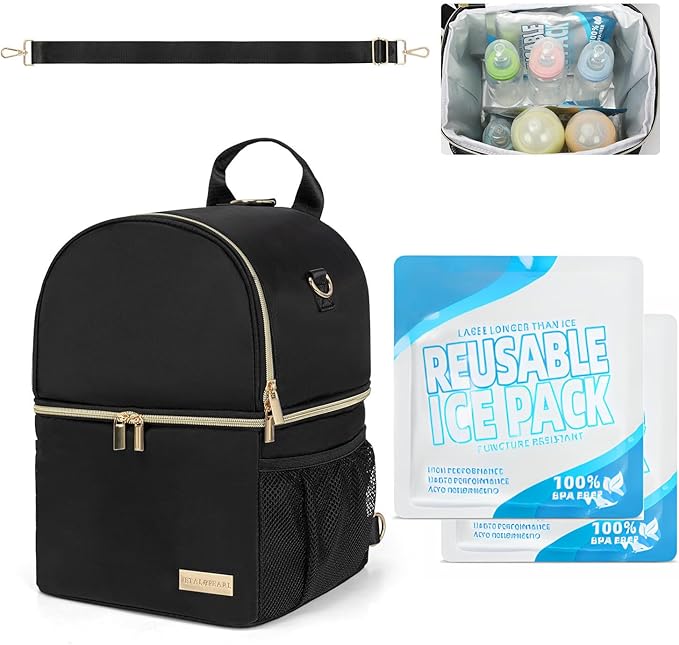Breastmilk Cooler Travel Bag – 2-in-1 Pump & Bottle Compartments | Insulated for 8 Hours with 2 Gel Ice Packs | Waterproof, Fits 9oz Bottles | Convertible Backpack & Shoulder Bag