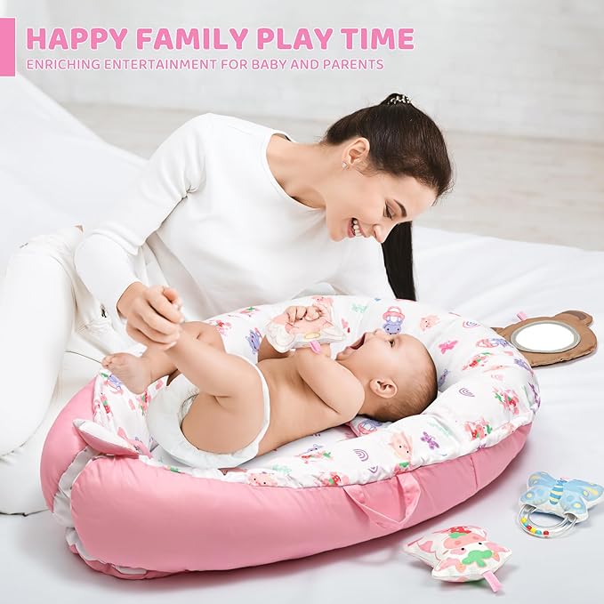 Pink Baby Play Mat, 7-in-1 Tummy Time Activity Gym Mat for Sensory and Motor Development, Washable Baby Lounger, Portable Newborn Nest for Home & Travel, Babies Gift for Infant 0-3-6-9-12-18 Months