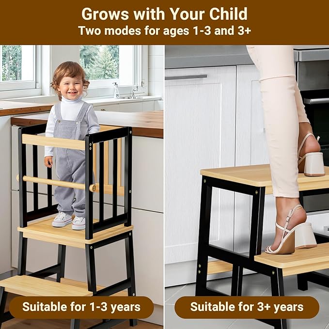 COSYLAND Toddler Kitchen Stool Helper – Stable A-Frame Design Kids Kitchen Step Stool with Protective Crossbar – Wooden Toddler Standing Tower for Learning in Bathroom (Black & Natural)