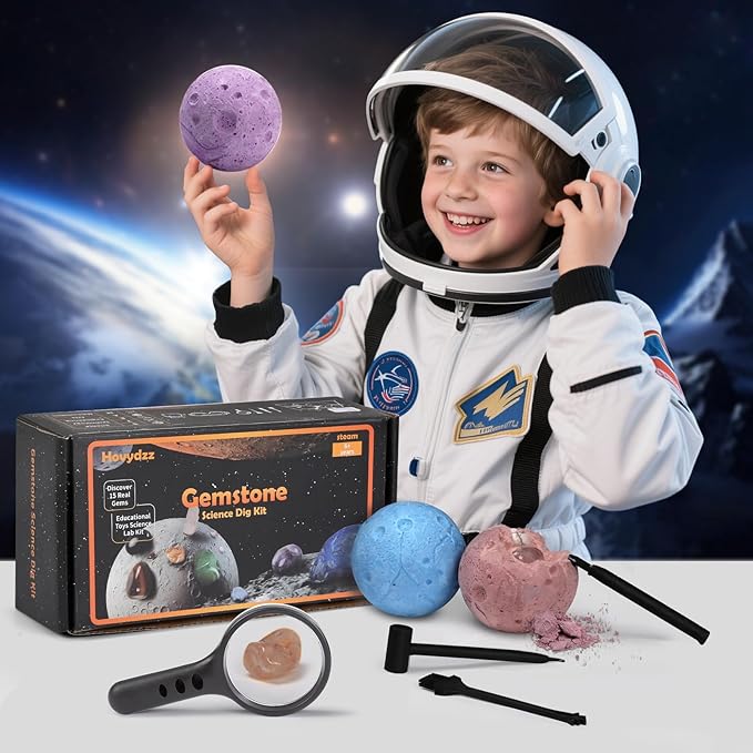Gemstones Dig Kit, Science Kit for Kids, Dig up 15 Real Gems & Explore Solar System, STEM Educational Mining Space Toys, Archaeology Geology Science Experiments Gift for Boys&Girls Age 6-8-12