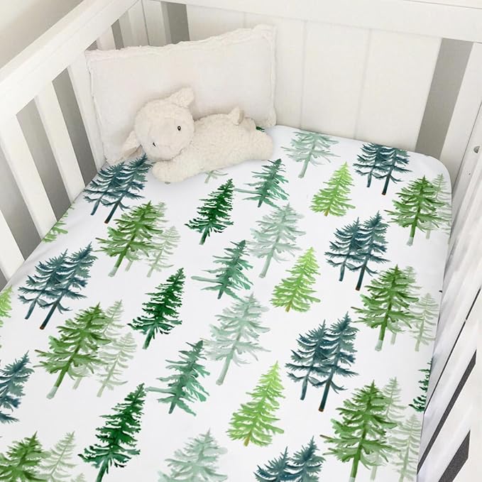 Watercolor Pine Trees Baby Crib Sheets 52''x28'' Winter Green Pines Snug Fitted Crib Mattress Cover for Boy Girl Soft Nursery Baby Bed Sheets for Standard Crib and Toddler Mattresses
