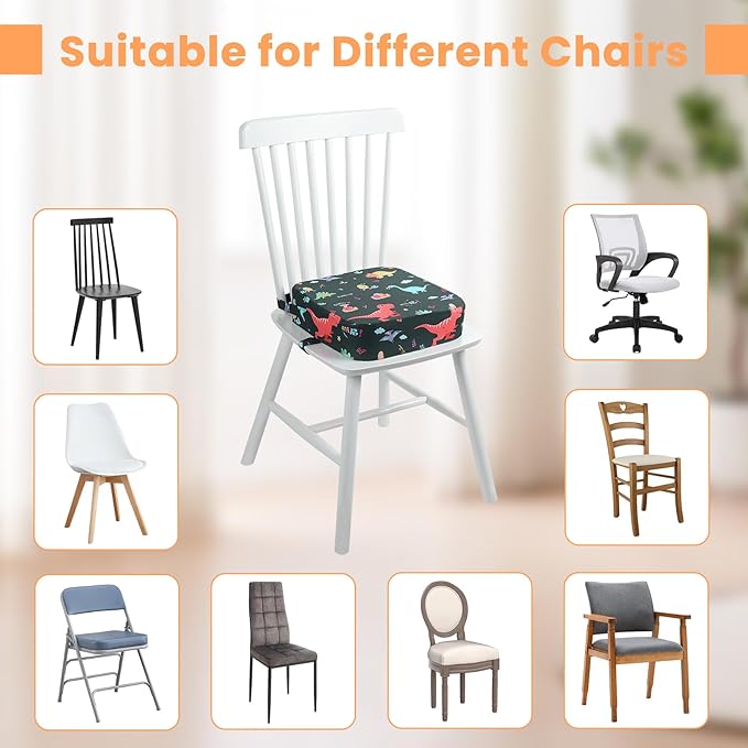 Toddler Booster Seat for Dining Table, Kids Booster Seat for Kitchen Chair with Non-Slip Bottom, Portable Detachable Washable Increasing Cushion with 2 Adjustable Straps (Dinosaur)
