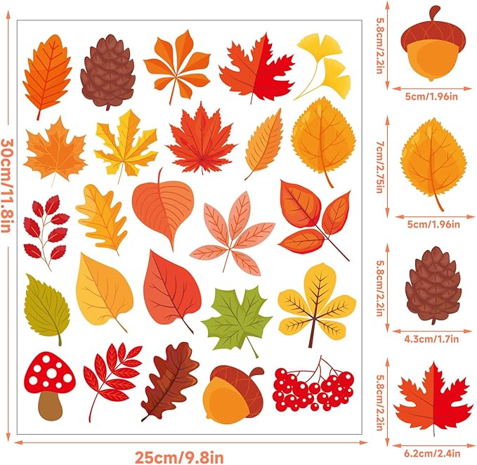 MARFOREVER 25 PCS Fall Window Gel Clings, Reusable Autumn Maple Leaves Thick Gel Clings Decals Thanksgiving Window Stickers for Kids Classroom Toddlers Home Party Supplies Window Glass Decorations
