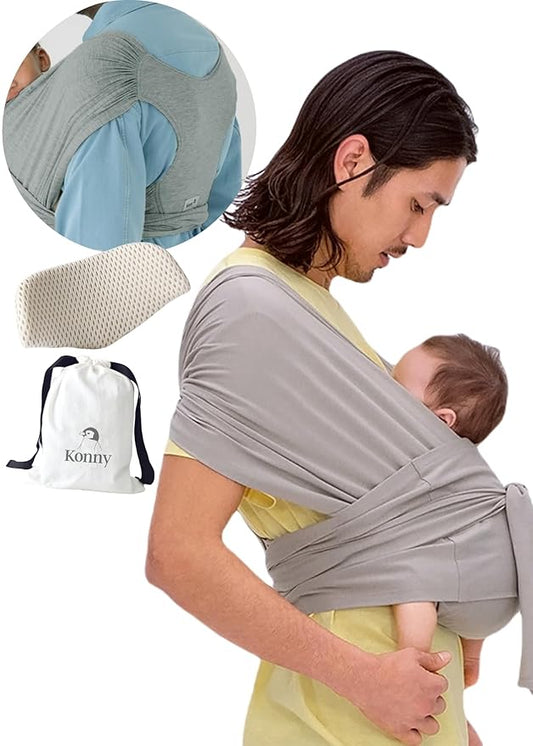 Konny Baby Carrier Flex SoftBreeze with Head Support - Adjustable, Easy to Wear Baby Wrap Sling, Perfect for Newborn Babies Essentials up to 44 lbs (XS-XL) - Khaki Grey