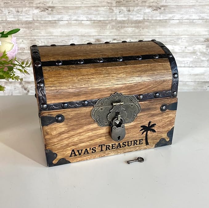 Nautical Cove Personalized Wood Treasure Chest - Pirate Chest with Custom Engraving (Small 8x6x6) – Decorative Storage Chest, Treasure Box, Wooden Keepsake Box