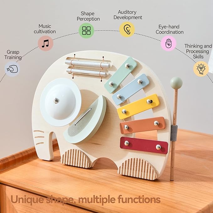 Promise Babe Wooden Elephant Musical Instruments for Toddlers, Baby Xylophone Percussion Instruments Toy for Kids, Montessori Educational Music Toys, Gifts for Girls Boys