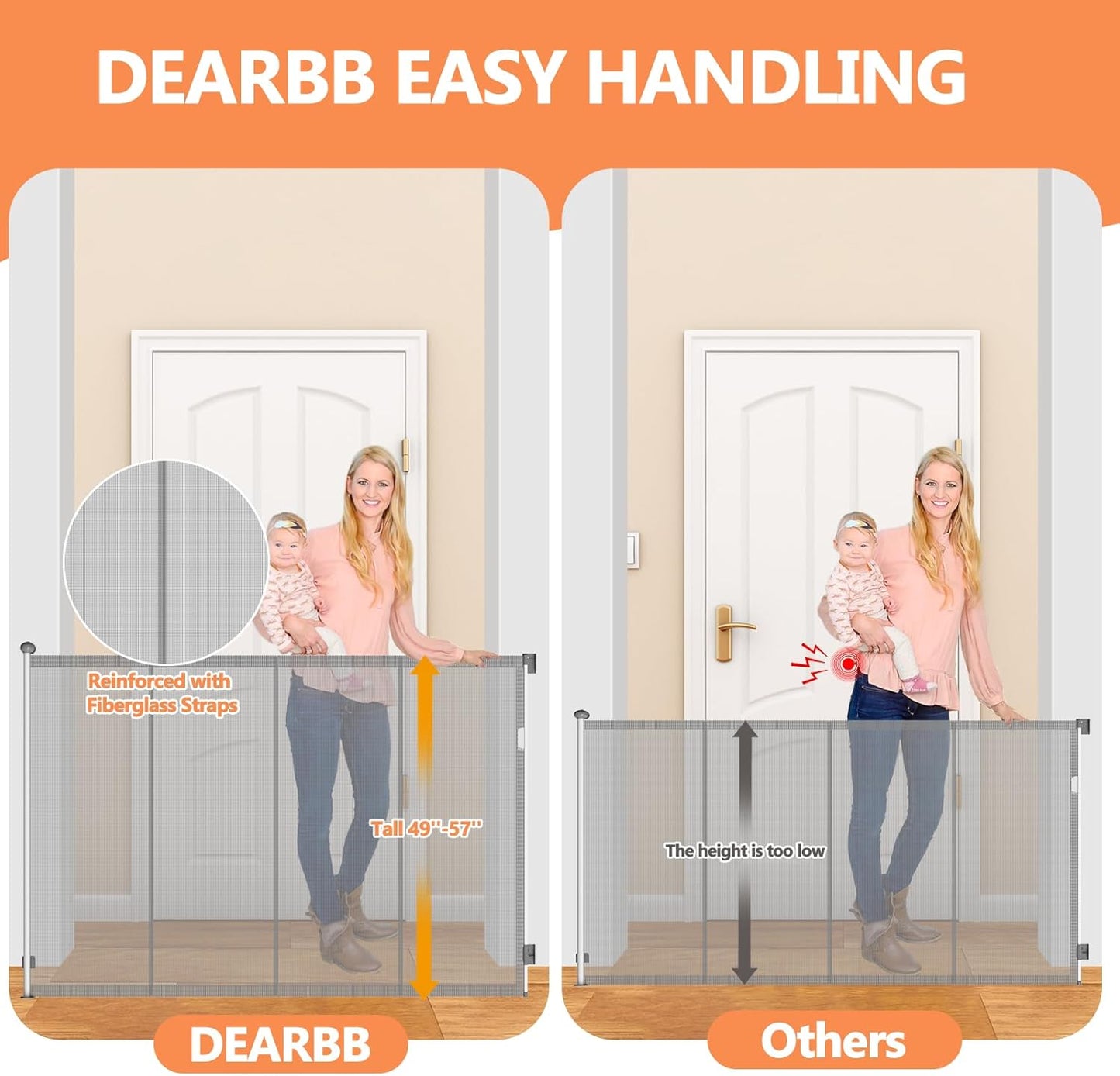Extra Tall 50'' Reinforced Retractable Mesh Baby Gates with Reinforced Strips,Dog Gate Extends to 55" Wide,Prevents Bottom Drilling Through Baby and Pet,Retractable Pet Gate for Outdoor/Indoor