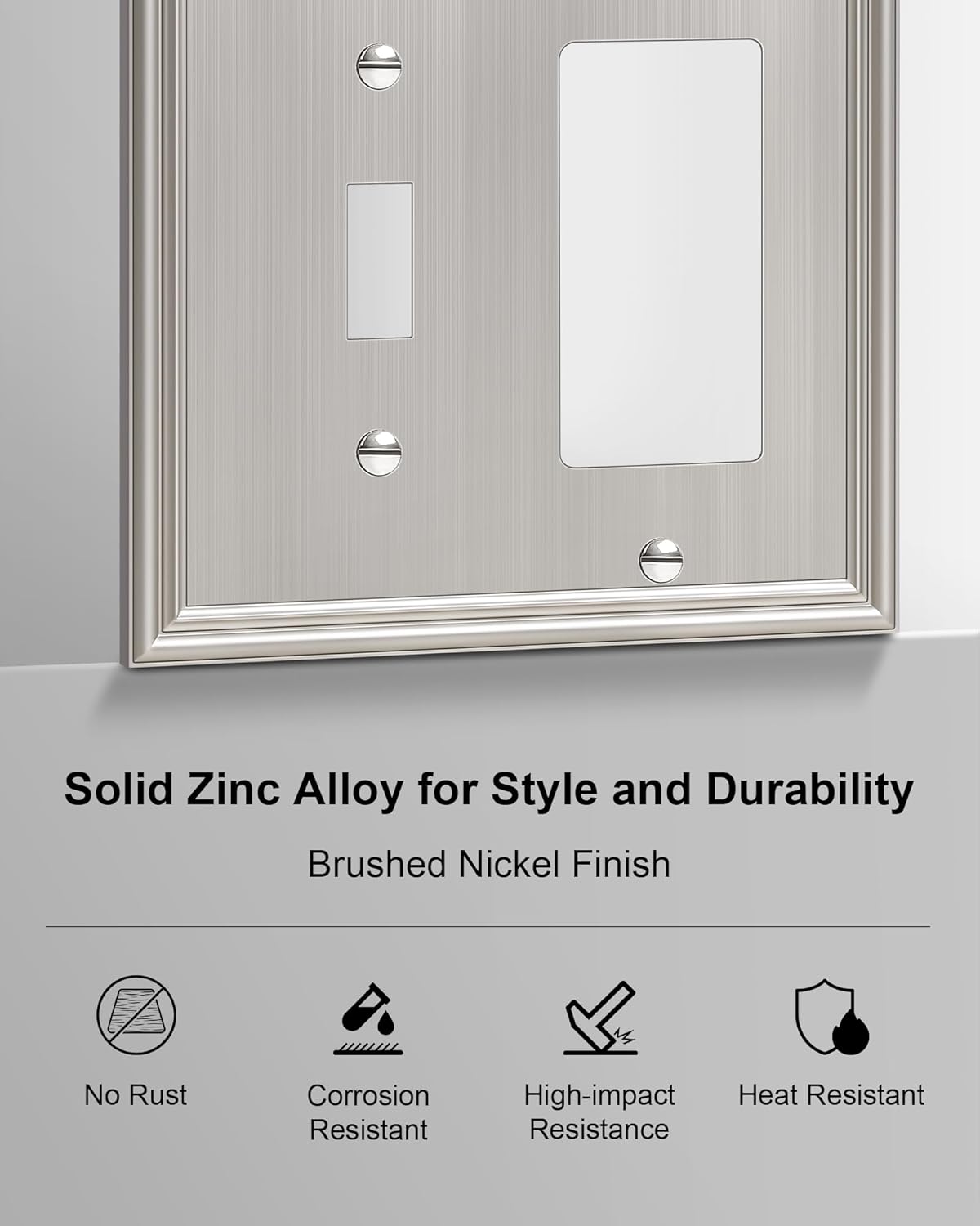 2-Pack Combo Toggle/Decorator Light Switch Cover Plate, Brushed Nickel Decorative Electrical Outlet Covers, Durable Solid Zinc Alloy Wall Switch Plates and Outlet Covers