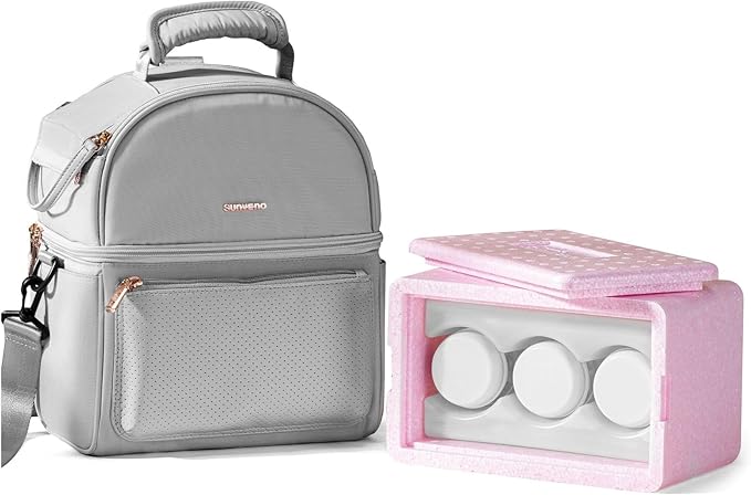 Sunveno Breastmilk Cooler Bag Set with 2 Ice Packs & Detachable Insulation Box, 15-Hour Cold Retention Foil-Lined Leak-Proof Tote Fits 3 Baby Bottles for On-The-Go Pumping Moms, Daycare & Travel,Grey