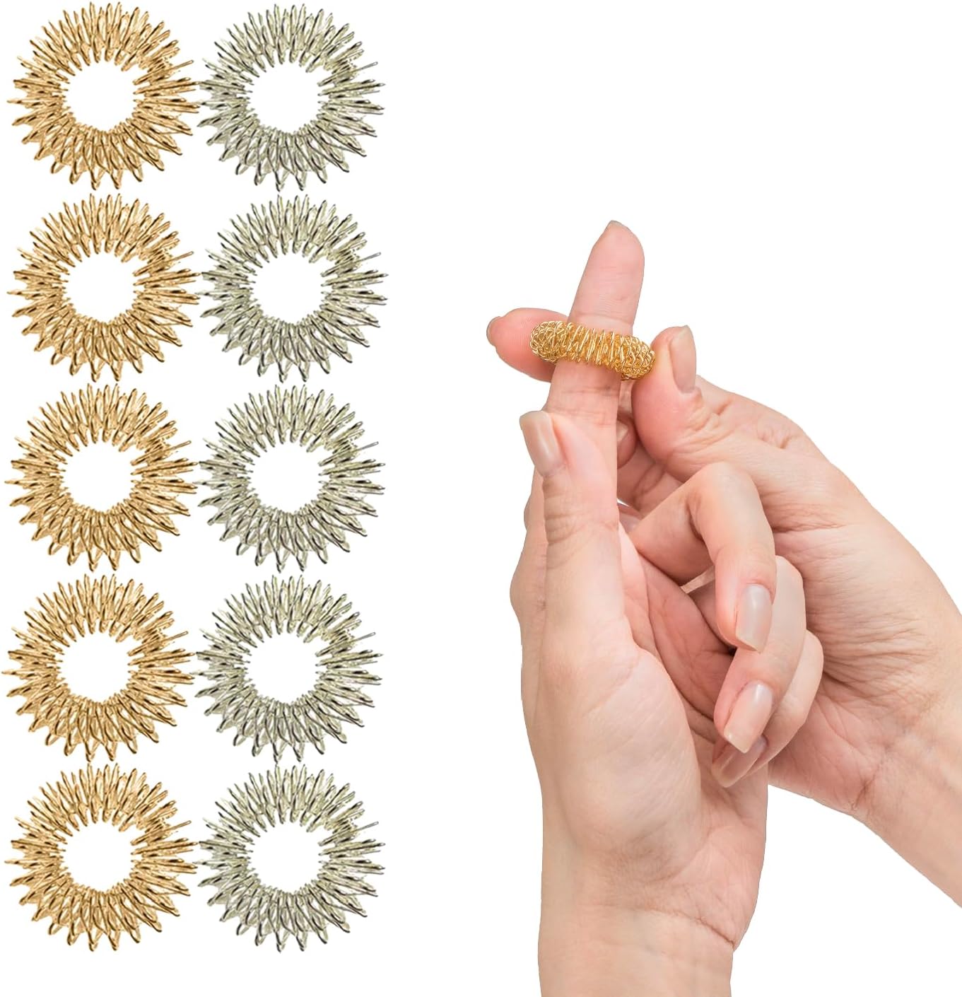 Impresa - 10 Pack Spiky Sensory Finger Rings - Acupressure Fidget Toys for Kids and Adults with Attention Disorders, OCD, and Anxiety - 2 Colors (Silver and Gold)