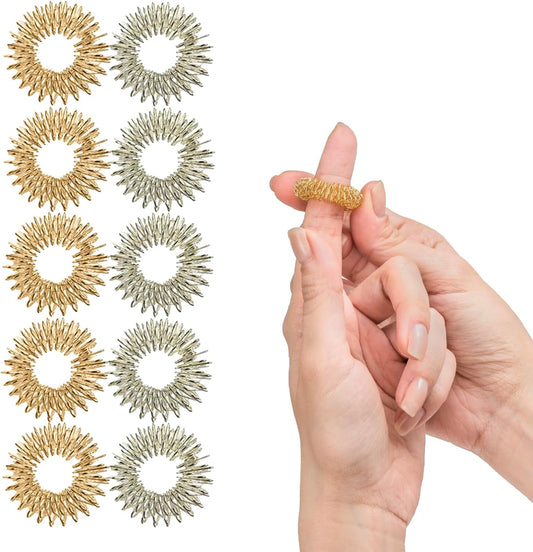 Impresa - 10 Pack Spiky Sensory Finger Rings - Acupressure Fidget Toys for Kids and Adults with Attention Disorders, OCD, and Anxiety - 2 Colors (Silver and Gold)