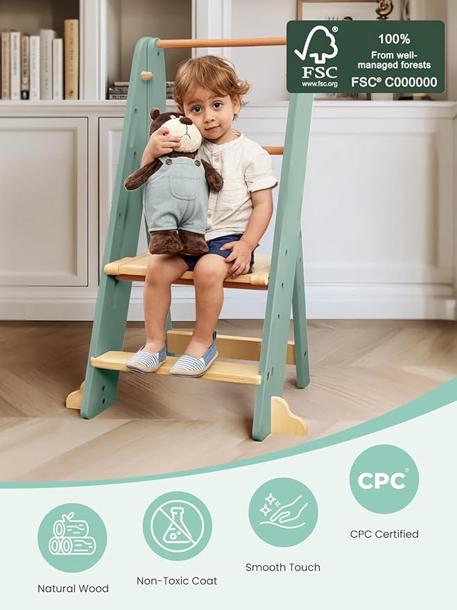 GROWNSY Foldable Step Stool Toddler Tower, Toddler Kitchen Stool Helper, Collapsible Kids Standing Learning Tower with 3 Adjustable Heights and Safety Net for Kitchen Bathroom Sink Counter (Green)