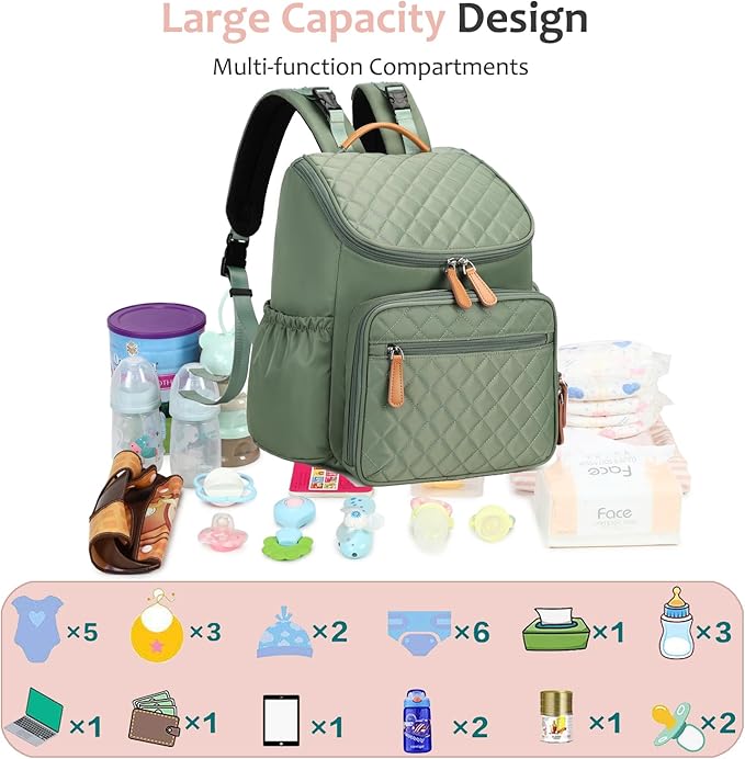 Large Capacity Diaper Bag Backpack with Stroller Buckle, Water-Resistant Travel Baby Bag with Insulated Pockets (Classic, Green)